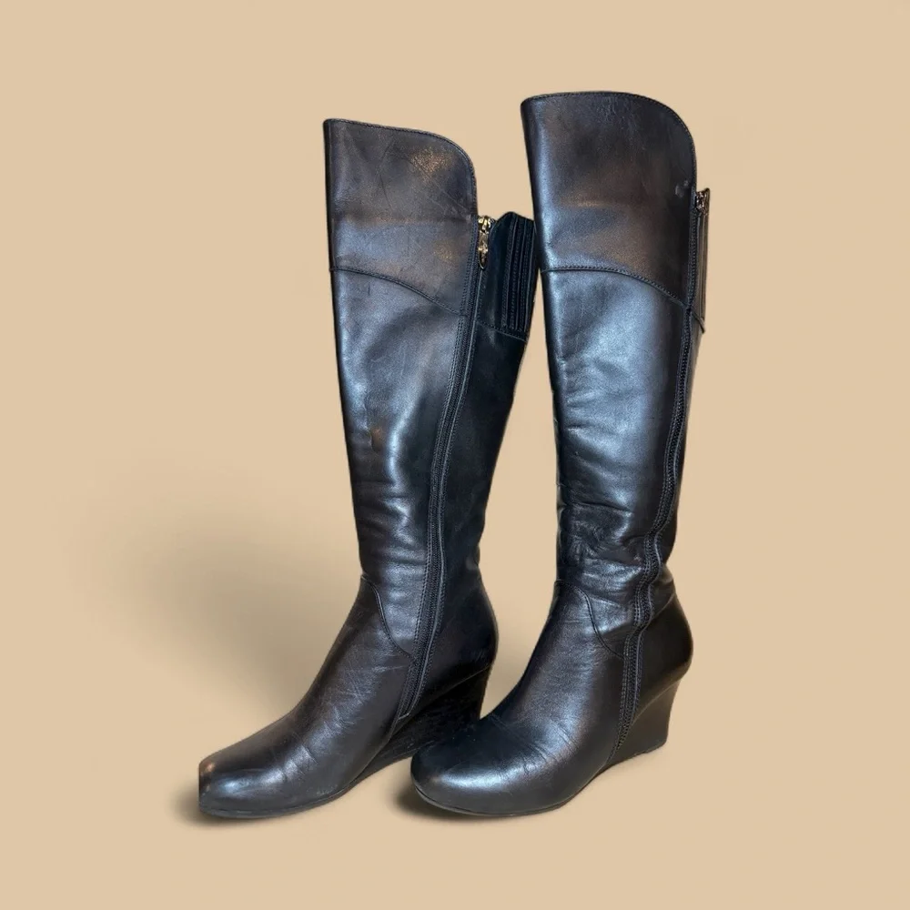 Sleek Black Leather Over the Knee Wedge Boots